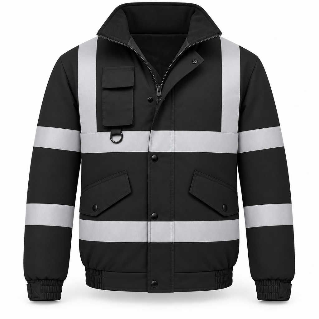 Mens Hi Viz High Visibility Bomber Safety Work Black Hooded Jacket Coat Work Hoodie Mens