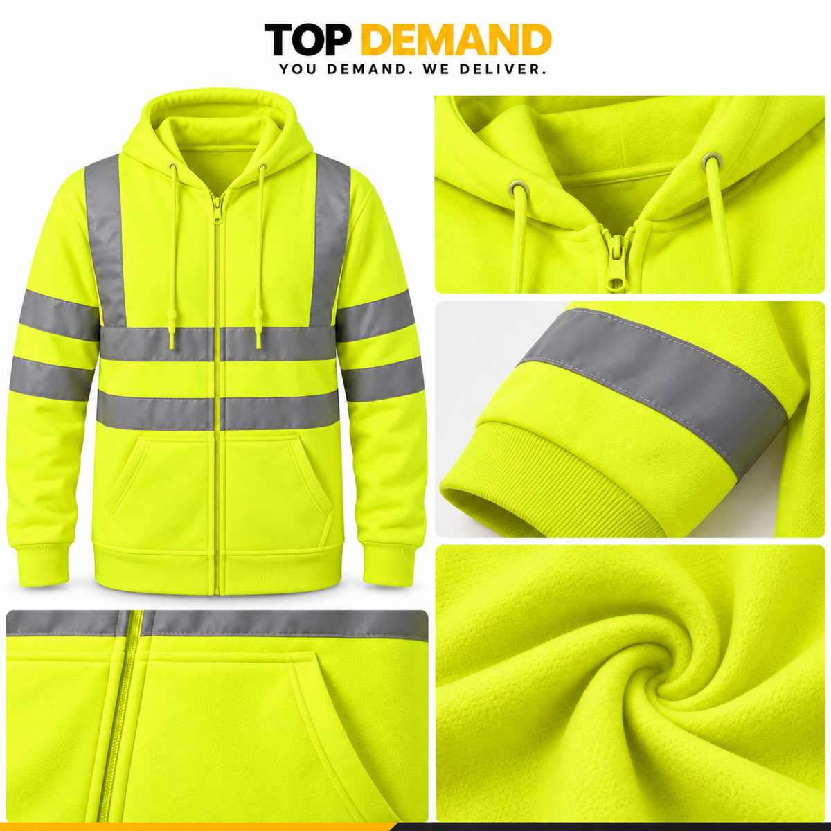 Mens Hi Viz Visibility Fleece Hoodie Hoody Orange Top Work Jacket Big Sizes