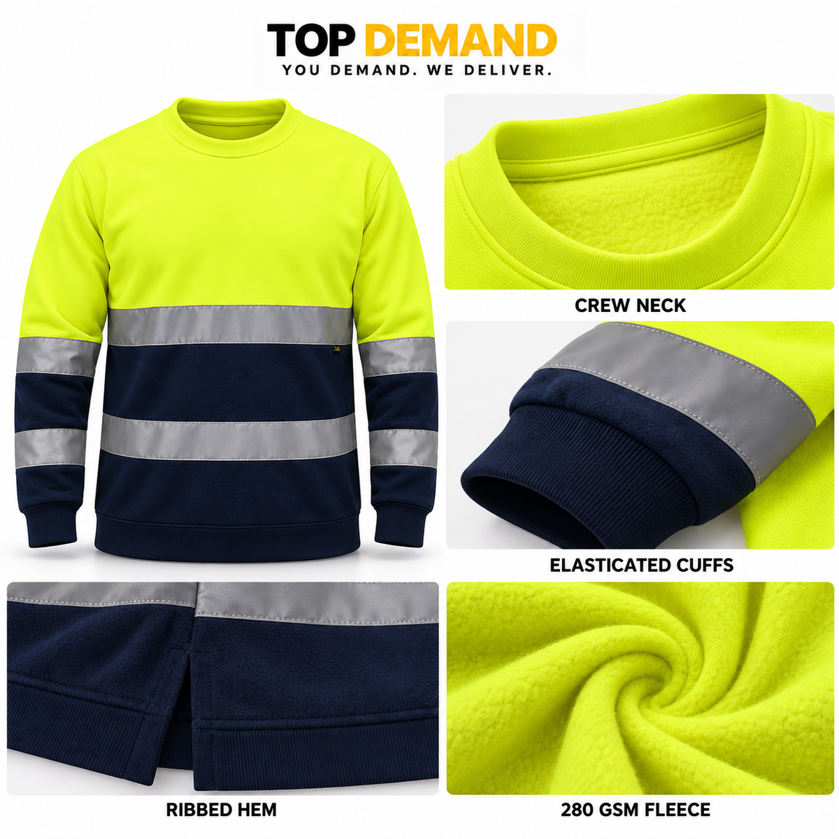 Mens Hi-Viz High Visibility Crew Neck Fleece Jumper Work Safety Sweatshirt Top