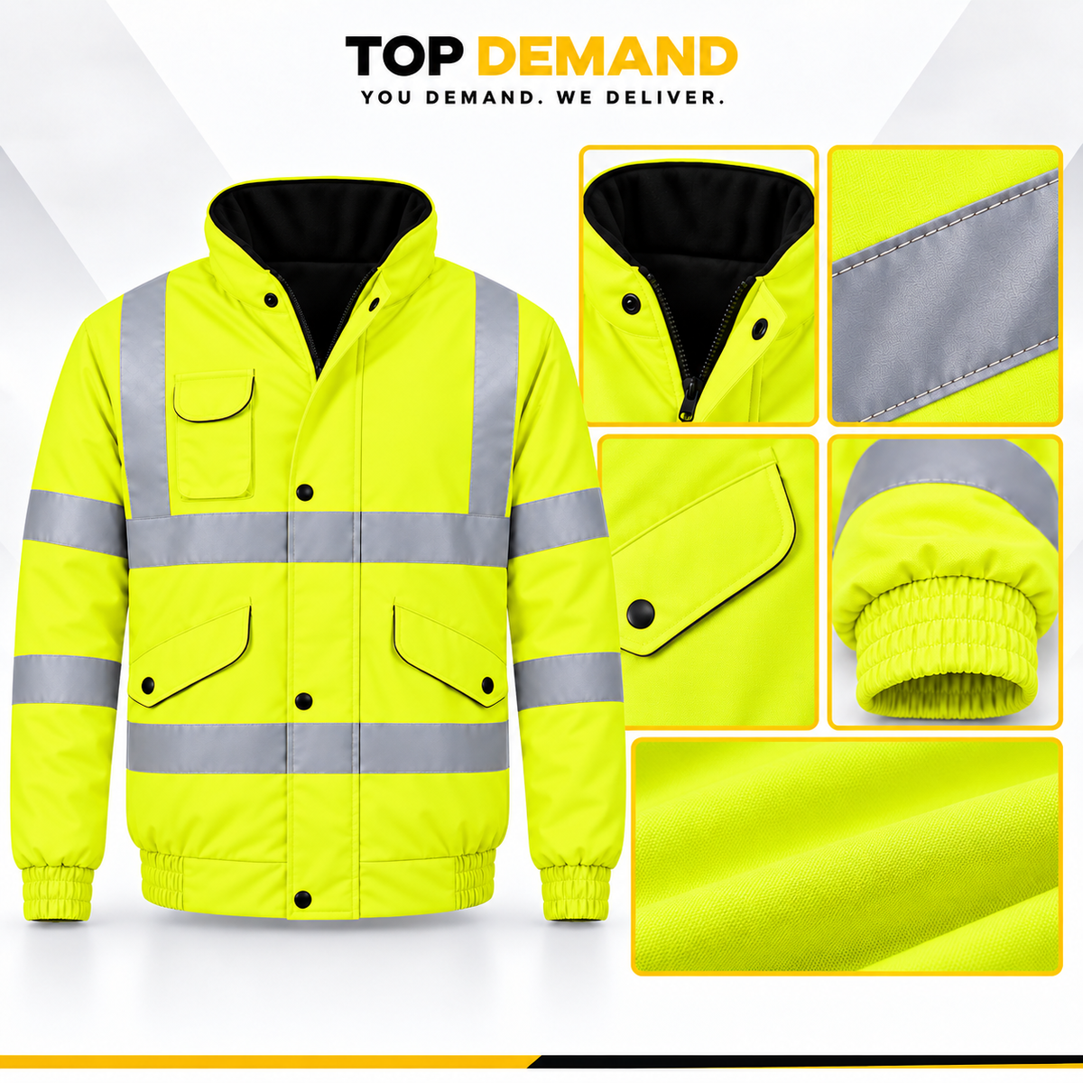 Mens Hi Viz High Visibility Bomber Safety Work Black Hooded Jacket Coat Work Hoodie Mens