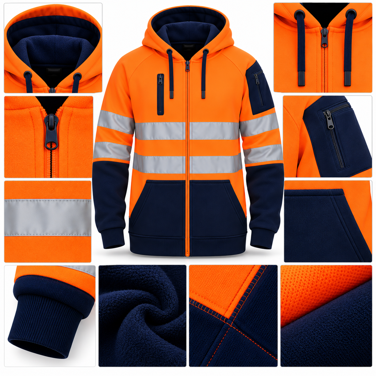 Mens Hi-Viz Visibility Two Tone Pullover Zip Hoodie Work Wear Fleece Tactical