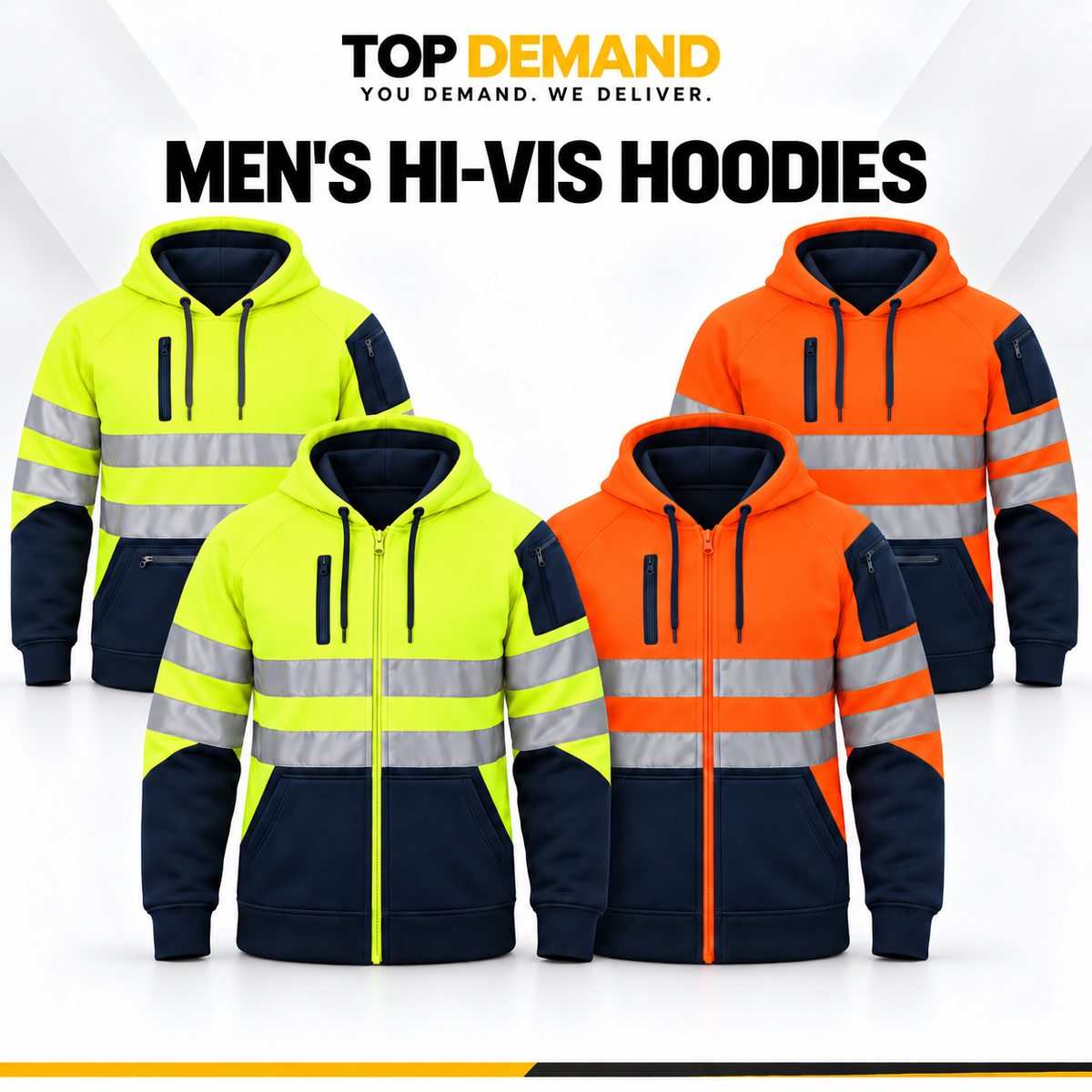 Mens Hi-Viz Visibility Two Tone Pullover Zip Hoodie Work Wear Fleece Tactical
