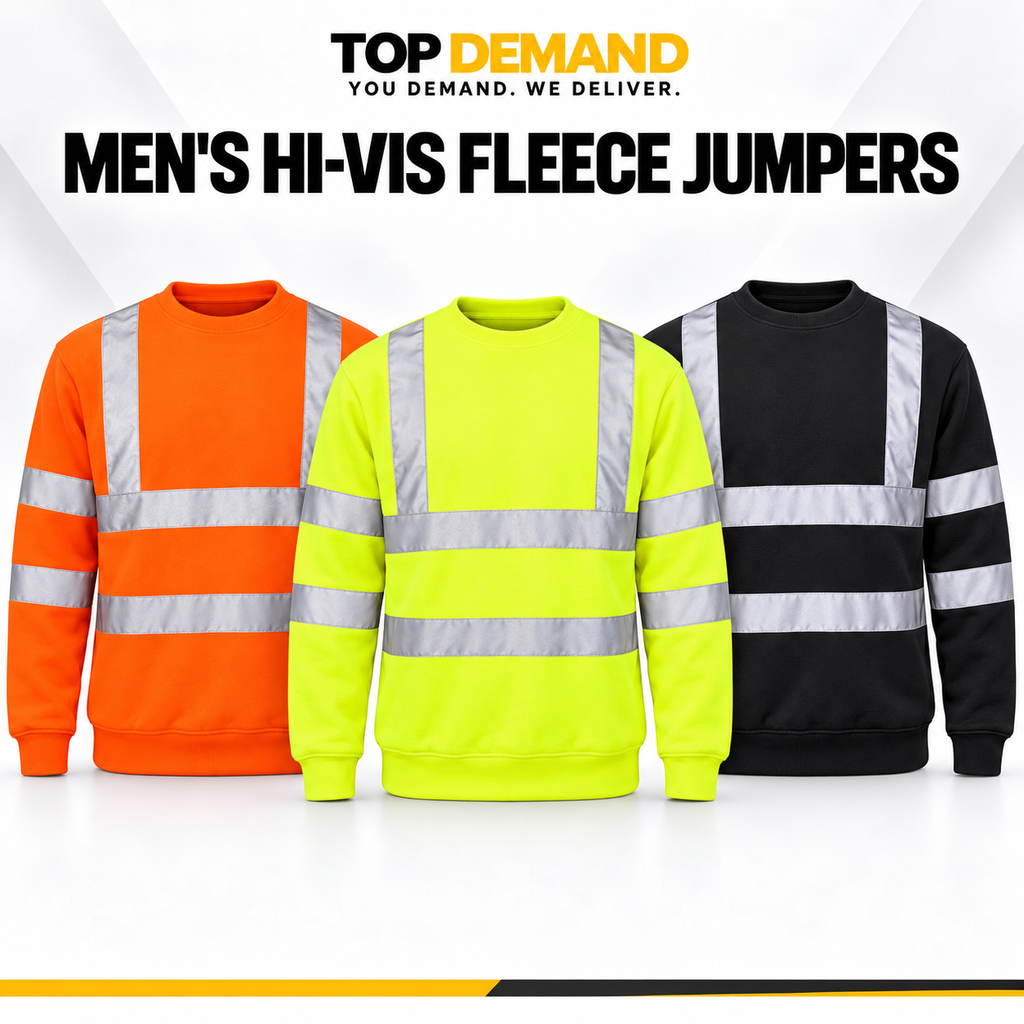 Mens Hi Viz Crew Safety Fleece Jumper Sweatshirt Visibility Work Security Top, Hi Vis Orange Fleece