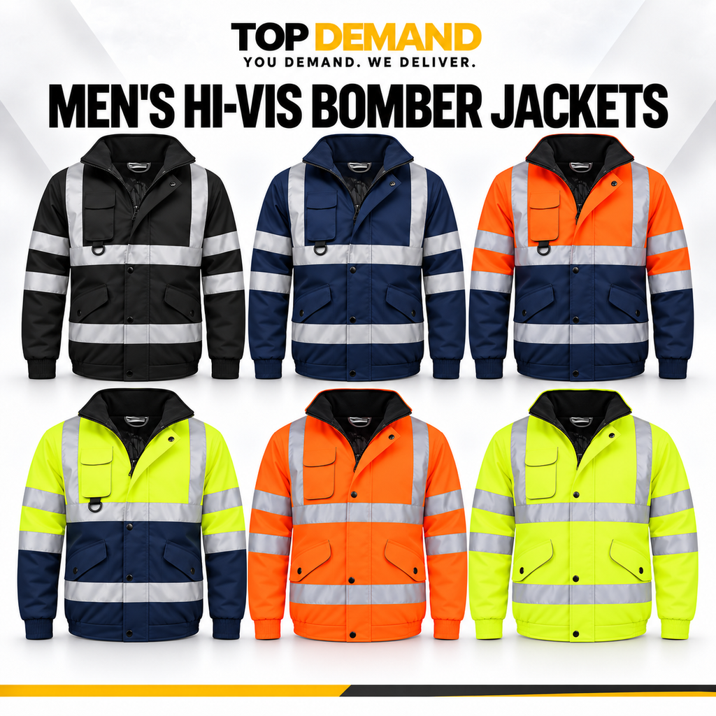 Mens Hi Viz High Visibility Bomber Safety Work Black Hooded Jacket Coat Work Hoodie Mens