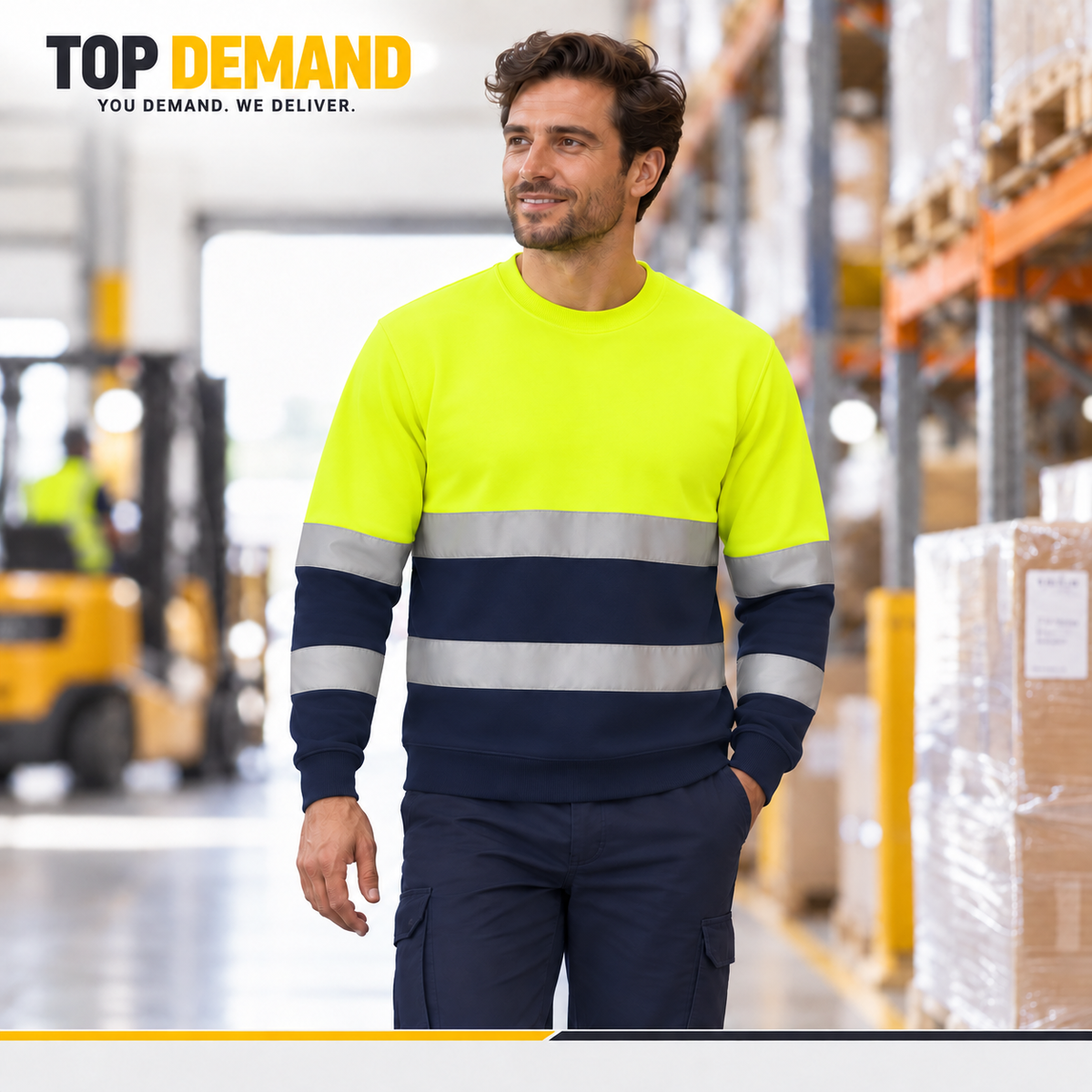 Mens Hi-Viz High Visibility Crew Neck Fleece Jumper Work Safety Sweatshirt Top