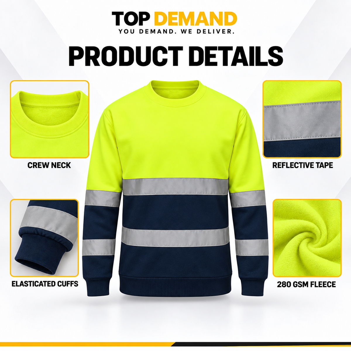 Mens Hi-Viz High Visibility Crew Neck Fleece Jumper Work Safety Sweatshirt Top