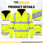 Mens Hi Viz High Visibility Bomber Safety Work Black Hooded Jacket Coat Work Hoodie Mens