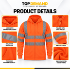 Mens Hi Viz Visibility Fleece Hoodie Hoody Orange Top Work Jacket Big Sizes
