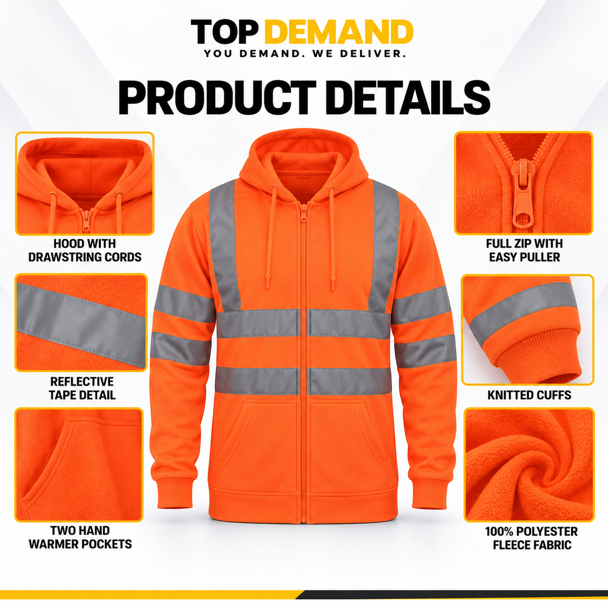 Mens Hi Viz Visibility Fleece Hoodie Hoody Orange Top Work Jacket Big Sizes