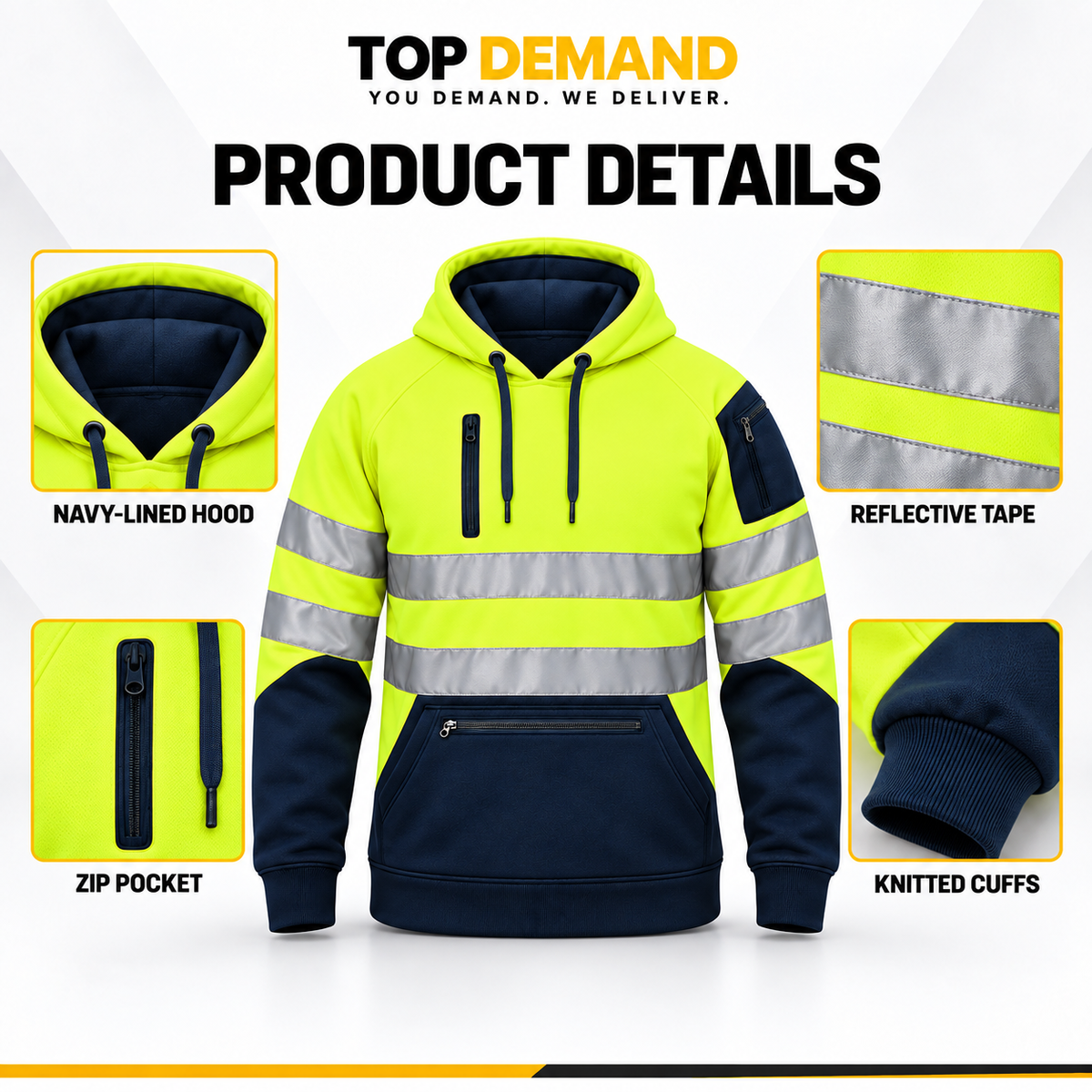 Mens Hi-Viz Visibility Two Tone Pullover Zip Hoodie Work Wear Fleece Tactical