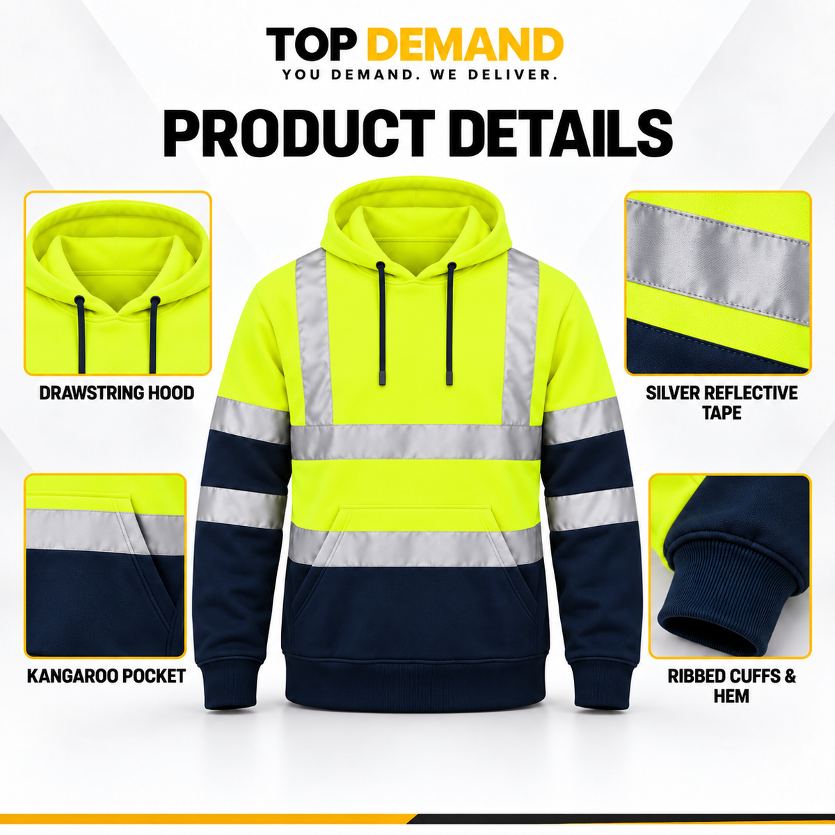 Hi Viz Vis Reflective Hi Visibility Pullover Hoody Work Fleece Coat Sweatshirt Hi Vis Work Hoodie