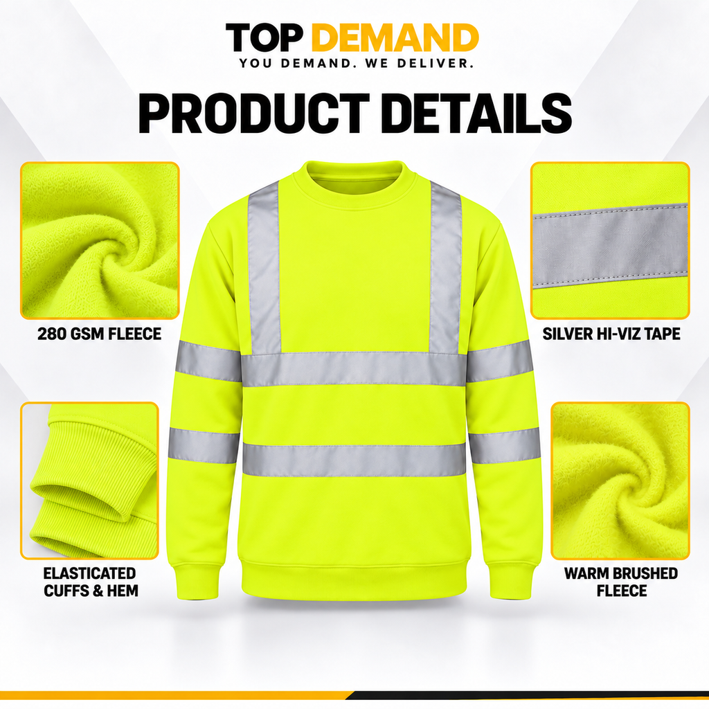 Mens Hi Viz Crew Safety Fleece Jumper Sweatshirt Visibility Work Security Top, Hi Vis Orange Fleece