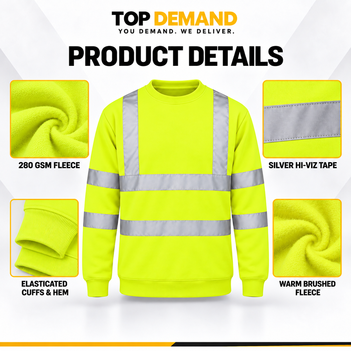 Mens Hi Viz Crew Safety Fleece Jumper Sweatshirt Visibility Work Security Top, Hi Vis Orange Fleece