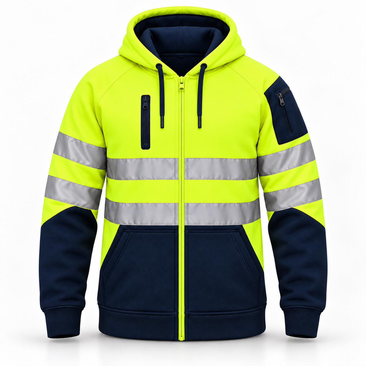 Mens Hi-Viz Visibility Two Tone Pullover Zip Hoodie Work Wear Fleece Tactical