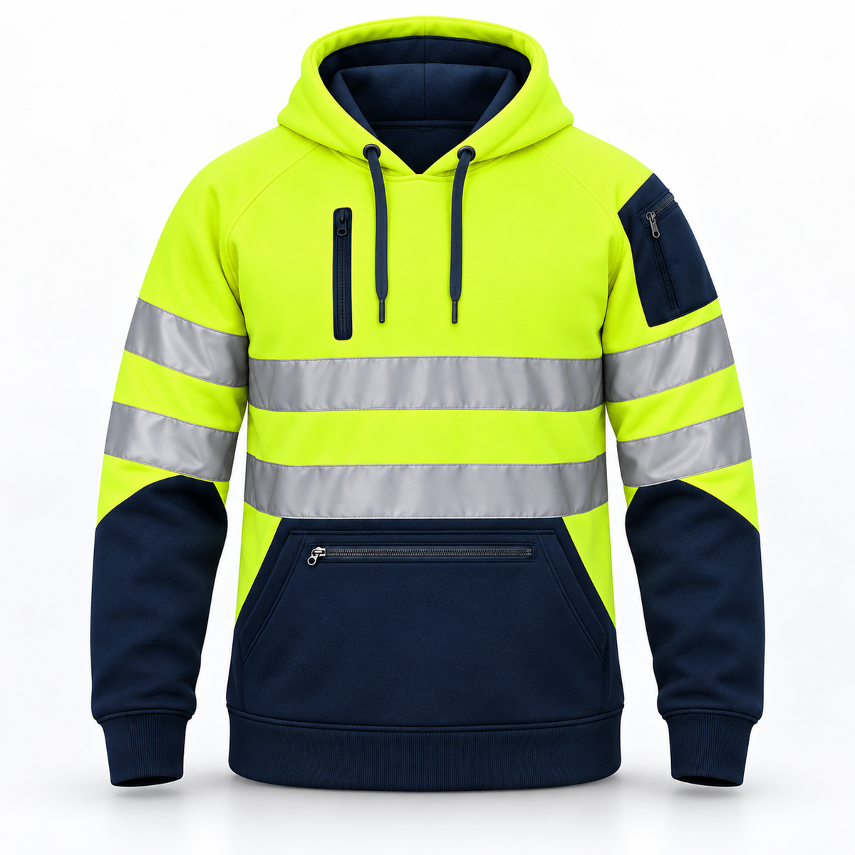 Mens Hi-Viz Visibility Two Tone Pullover Zip Hoodie Work Wear Fleece Tactical