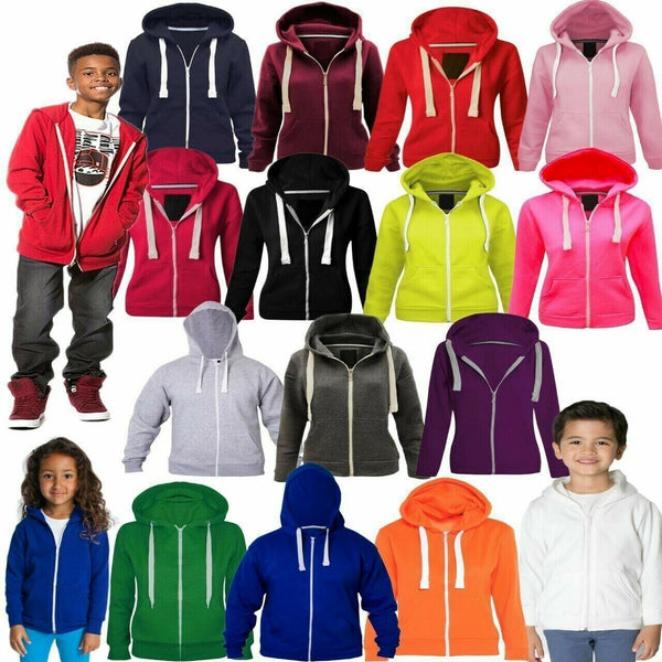 Boys Kids Girls Unisex Plain Zip Cotton Hoodie Hooded Sweat Jumpers 7-13 Years