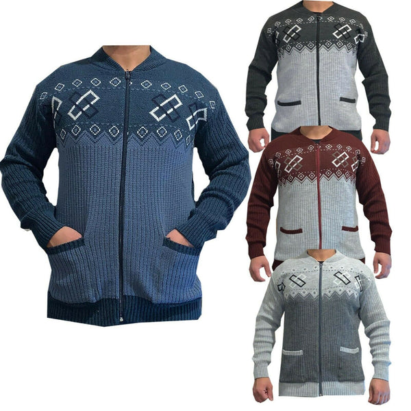 Mens New Classic Zip Up Grandad Argyle Knitwear Aztec Diamond Design Cardigans, Mens Zip Up Cardigan