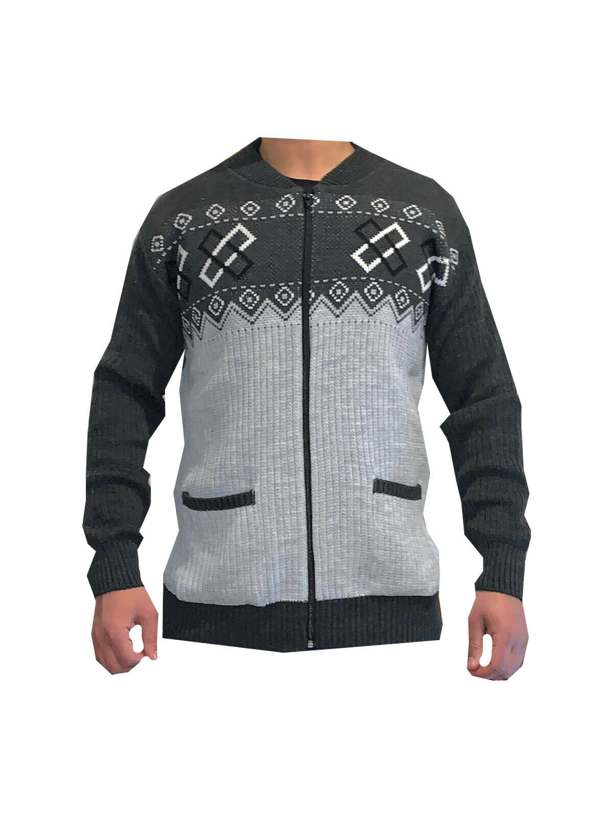 Mens New Classic Zip Up Grandad Argyle Knitwear Aztec Diamond Design Cardigans, Mens Zip Up Cardigan