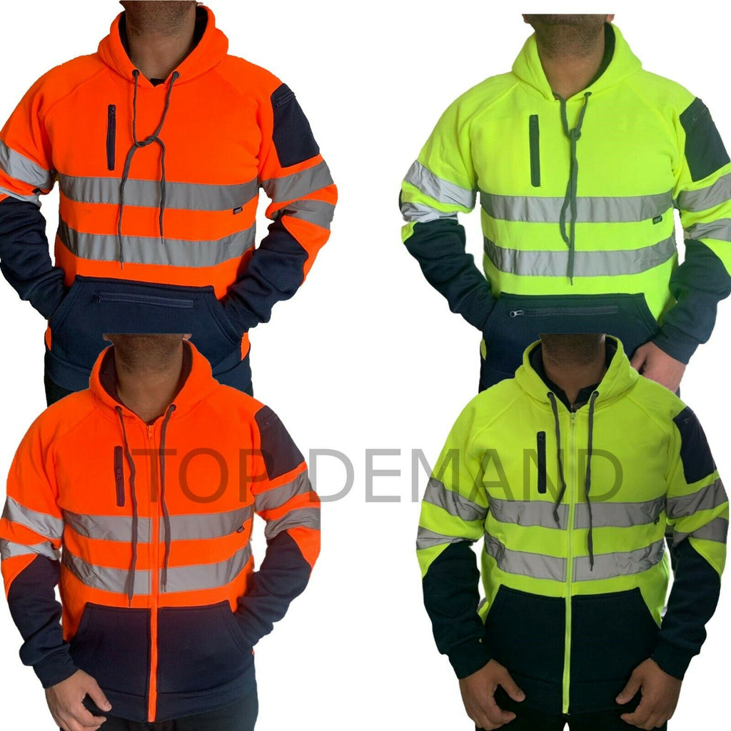Mens Hi-Viz Visibility Two Tone Pullover Zip Hoodie Work Wear Fleece Tactical