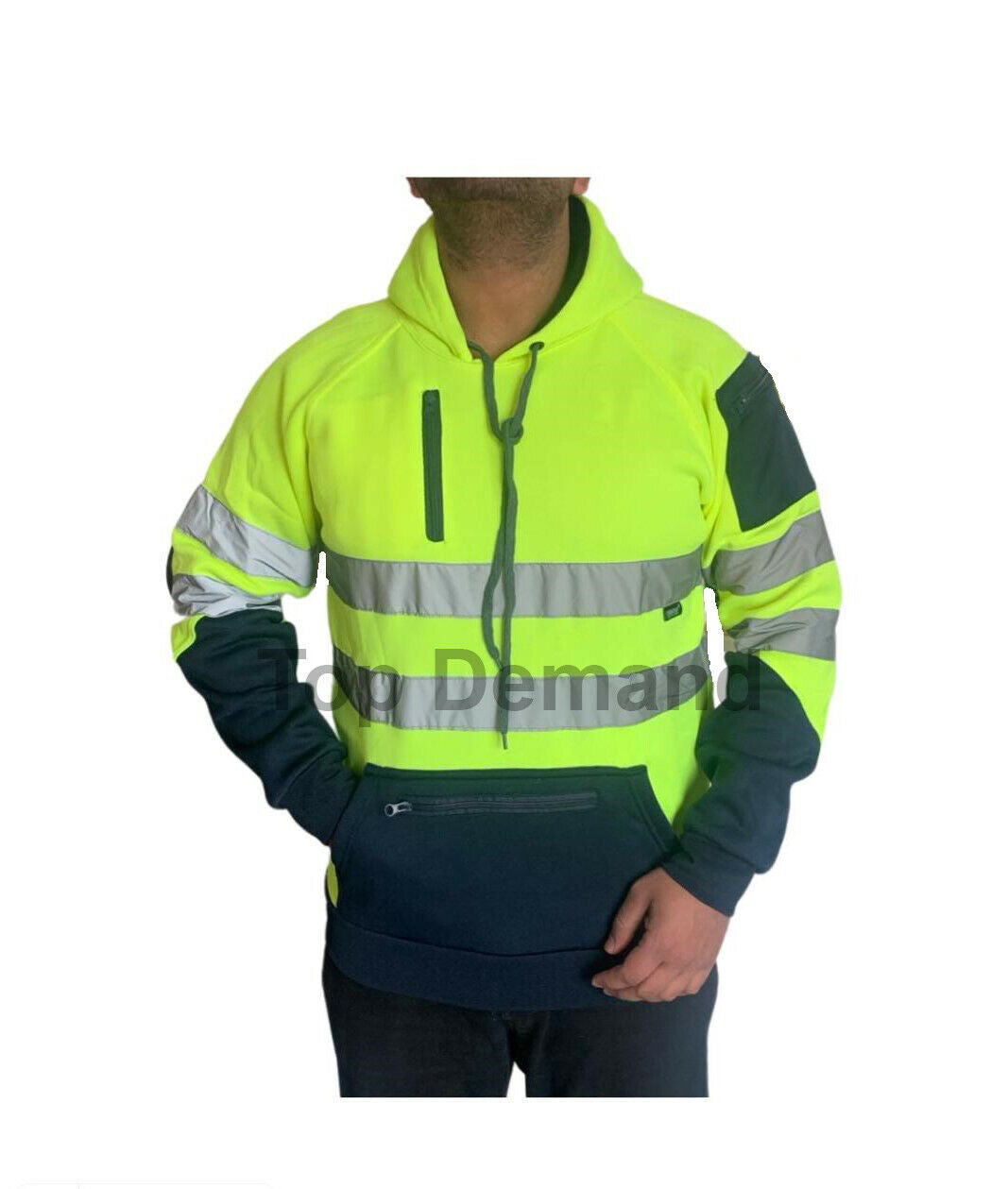 Mens Hi-Viz Visibility Two Tone Pullover Zip Hoodie Work Wear Fleece Tactical
