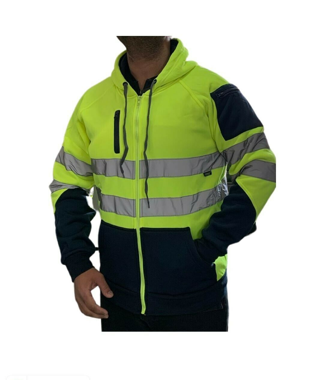 Mens Hi-Viz Visibility Two Tone Pullover Zip Hoodie Work Wear Fleece Tactical