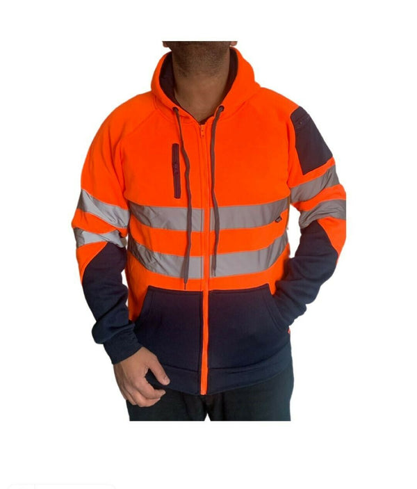Mens Hi-Viz Visibility Two Tone Pullover Zip Hoodie Work Wear Fleece Tactical