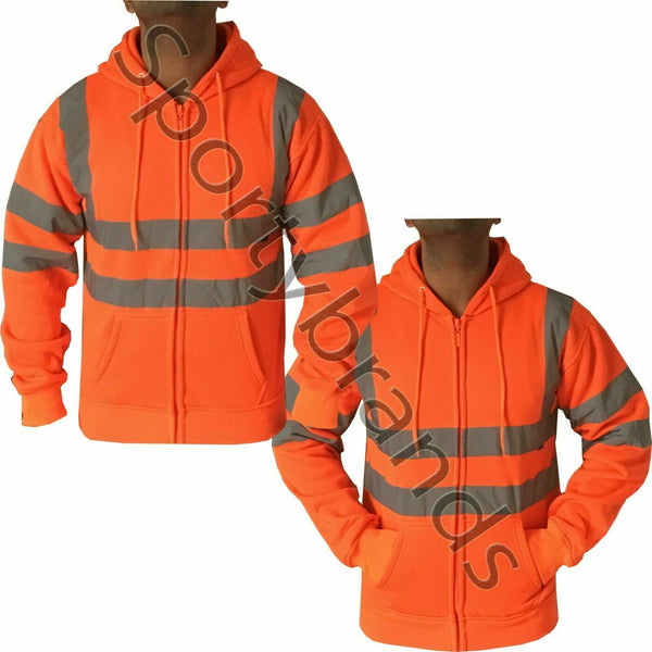 Mens Hi Viz Visibility Fleece Hoodie Hoody Orange Top Work Jacket Big Sizes