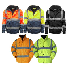 Mens Hi Viz High Visibility Bomber Safety Work Black Hooded Jacket Coat Work Hoodie Mens
