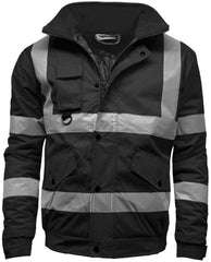 Mens Hi Viz High Visibility Bomber Safety Work Black Hooded Jacket Coat Work Hoodie Mens