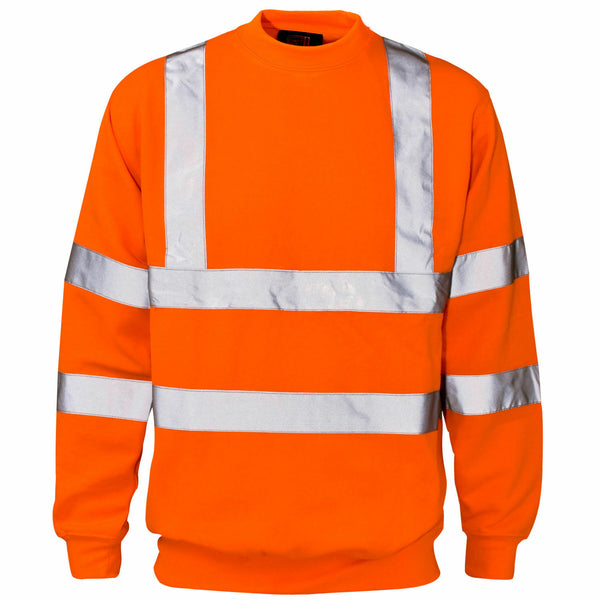 Mens Hi Viz Crew Safety Fleece Jumper Sweatshirt Visibility Work Security Top, Hi Vis Orange Fleece