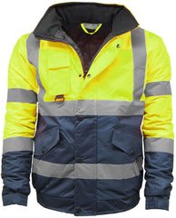 Mens Hi Viz High Visibility Bomber Safety Work Black Hooded Jacket Coat Work Hoodie Mens