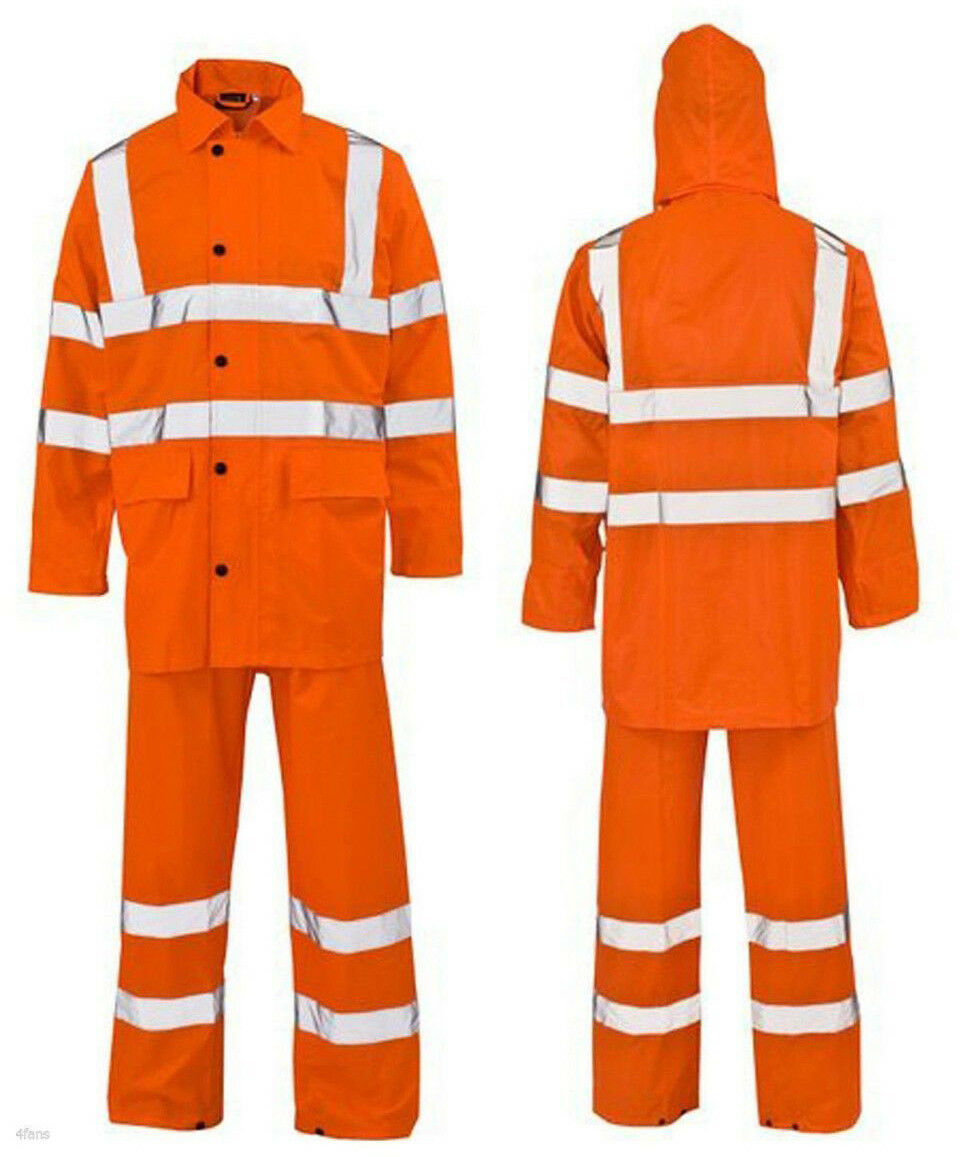 Hi Viz High Visibility Waterproof Work Bottom Top Yellow Orange Jacket Rain Suit