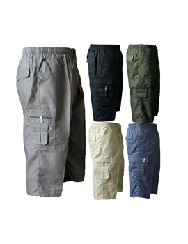 Mens Elastic Waist Shorts, Mens New Plain Summer Elasticated Waist 3/4 Shorts Cotton Cargo Combat Pants